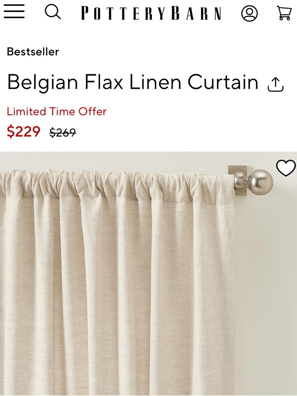Pottery Barn Belgian Flax Linen Curtain - Natural 50x96